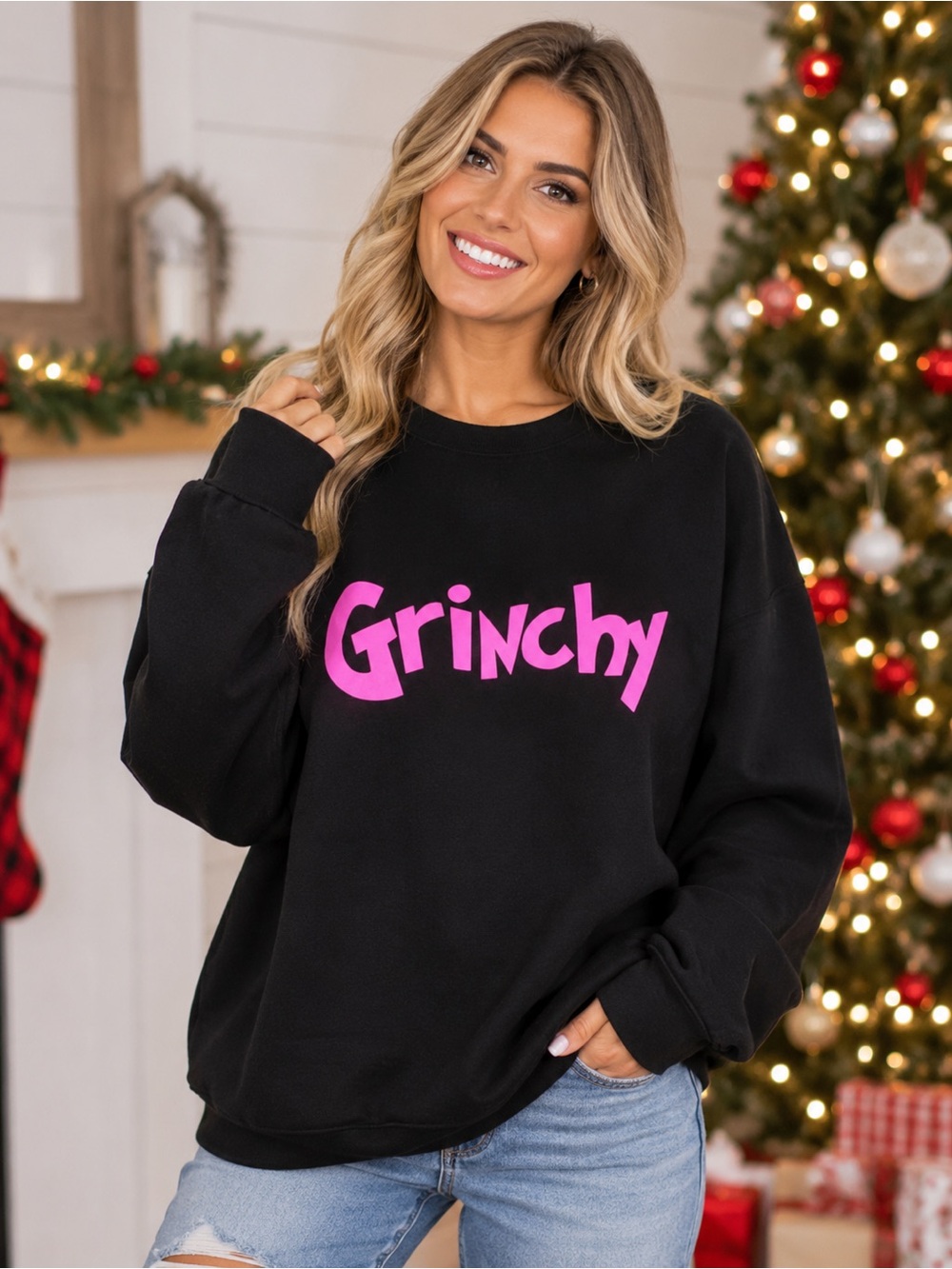 Time and Tru Black Sweater with Pink "Grinchy" Graphic
